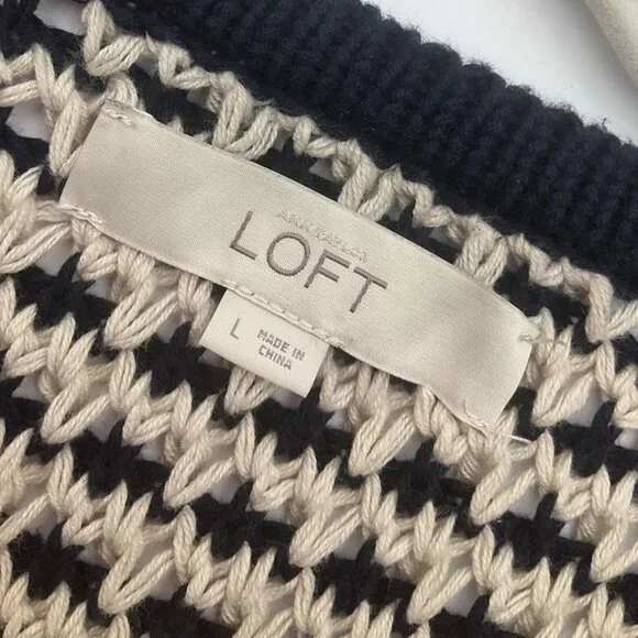 Ann Taylor Loft Medium Navy Cream Open Front Cardigan Chunky Sweater - Picture 4 of 9